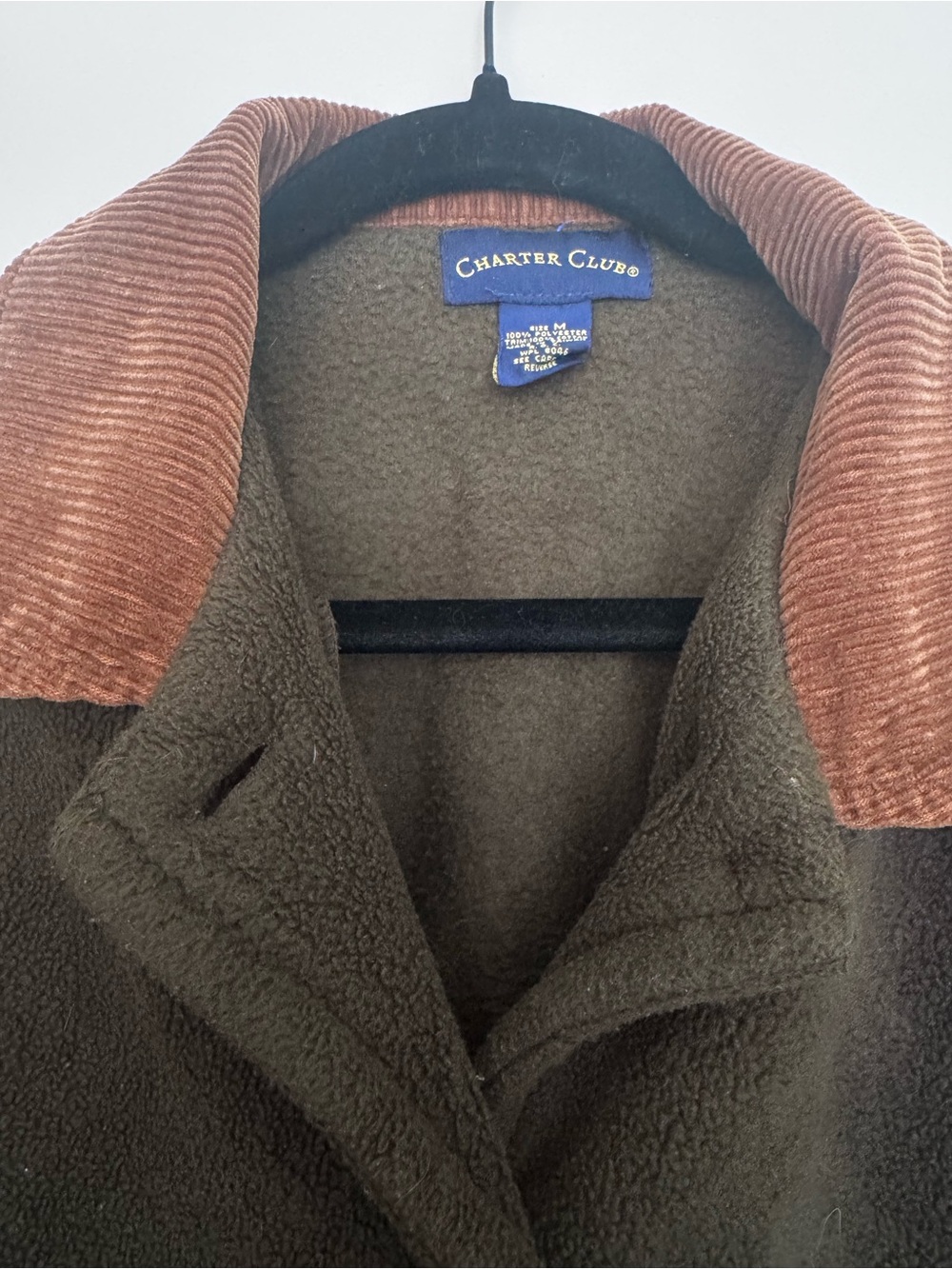 Charter Club Olive Green Fleece Jacket with Brown Corduroy Trim - Picture 2 of 2